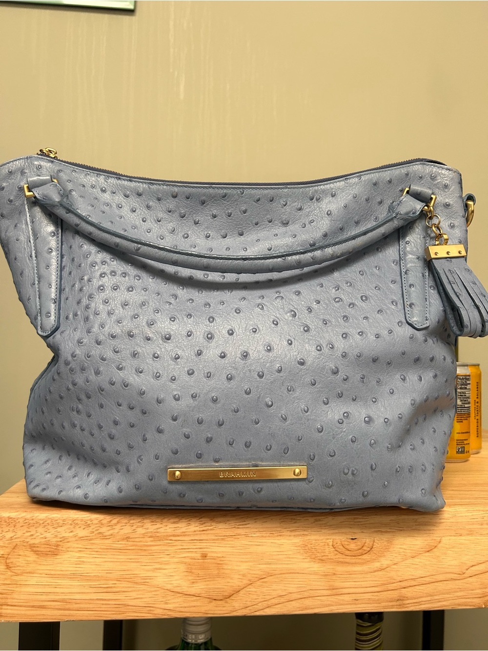 Brahmin Sky Blue Ostrich-Embossed Shoulder Bag with Tassel